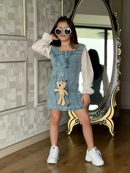 MODAVALS AYICIK AKSESUARLI DÜĞME DETAYLI KIZ ÇOCUK KOT ELBİSE - 3