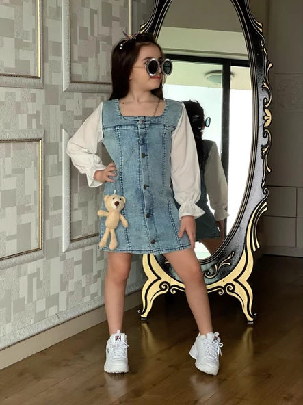 MODAVALS AYICIK AKSESUARLI DÜĞME DETAYLI KIZ ÇOCUK KOT ELBİSE - 7