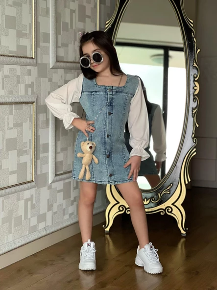 MODAVALS AYICIK AKSESUARLI DÜĞME DETAYLI KIZ ÇOCUK KOT ELBİSE - 4