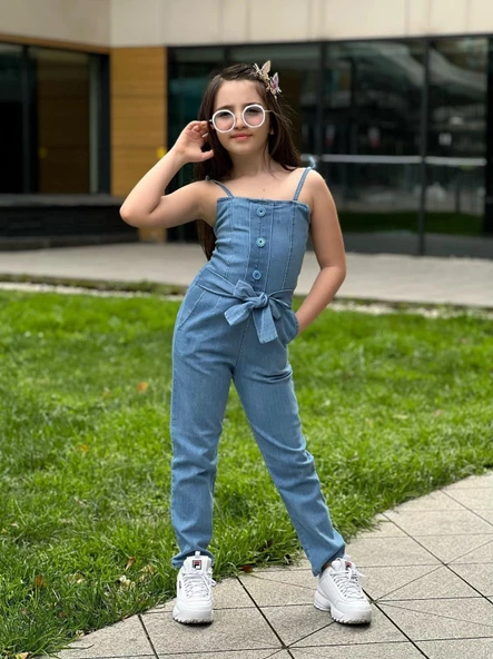 MODAVALS SIRT FERMUAR DETAYLI BEL KUŞAKLI KIZ ÇOCUK KOT TULUM - 2