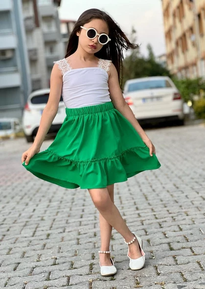 MODAVALS DANTEL DETAYLI BLUZ VE FIRFIRLI ETEK KIZ ÇOCUK KOMBİN - YEŞİL - 3