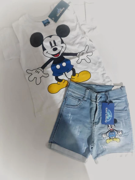 MODAVALS MICKEY NAKIŞLI LAZER KESİ DETAYLI ERKEK ÇOCUK KOT ŞORTLU TAKIM - MAVİ - 3