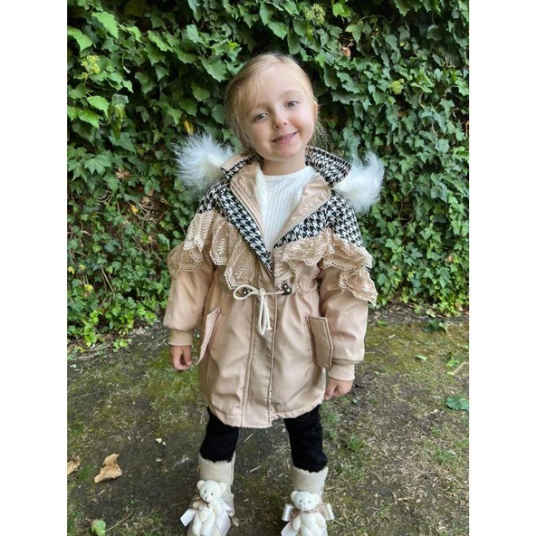 MODAVALS İTHAL KÜRKLÜ KAZ AYAĞI DESENLİ DANTELLİ BELİ BAĞCIKLI KIZ ÇOCUK MONT - BEJ - 3