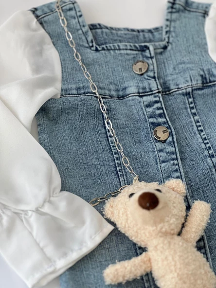 MODAVALS AYICIK AKSESUARLI DÜĞME DETAYLI KIZ ÇOCUK KOT ELBİSE - 8