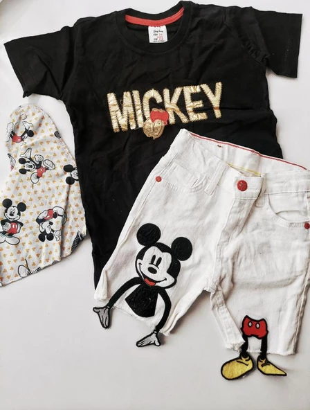 MODAVALS MICKEY APLİKELİ DERİ DETAYLI BOYUNLUKLU BEYAZ KOT ŞORTLU ERKEK ÇOCUK TAKIM - SİYAH - 2