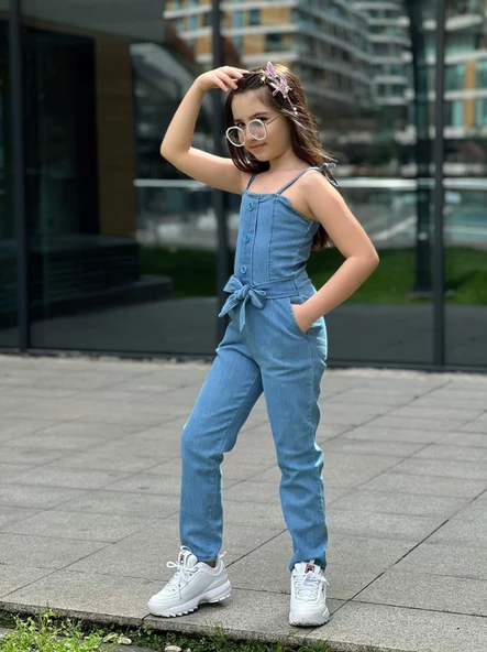 MODAVALS SIRT FERMUAR DETAYLI BEL KUŞAKLI KIZ ÇOCUK KOT TULUM - 5