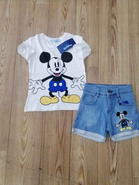 MODAVALS MICKEY NAKIŞLI LAZER KESİ DETAYLI ERKEK ÇOCUK KOT ŞORTLU TAKIM - MAVİ - 2