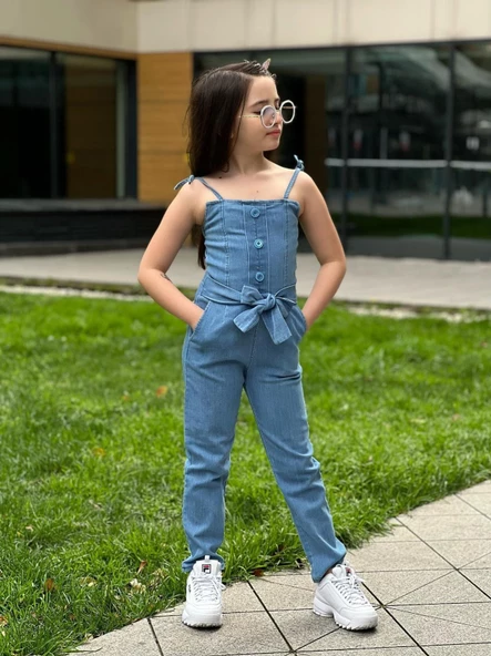 MODAVALS SIRT FERMUAR DETAYLI BEL KUŞAKLI KIZ ÇOCUK KOT TULUM - 4