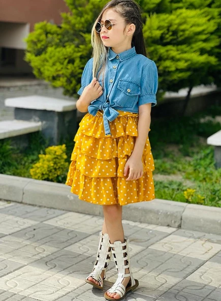 MODAVALS KIZ ÇOCUK KOT BOLEROLU PUANTİYE DETAYLI SARI ELBİSE 647892133 - 3