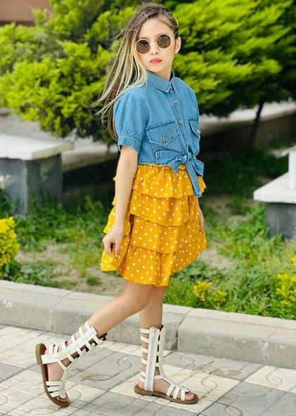 MODAVALS KIZ ÇOCUK KOT BOLEROLU PUANTİYE DETAYLI SARI ELBİSE 647892133 - 2