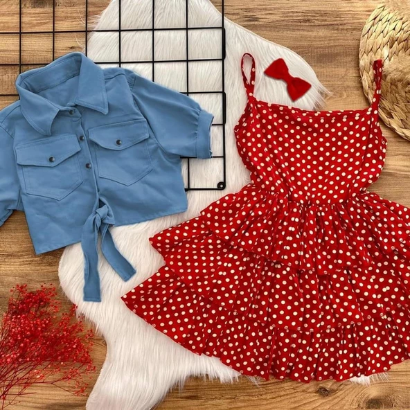 MODAVALS KIZ ÇOCUK KOT BOLEROLU PUANTİYE DETAYLI KIRMIZI ELBİSE 647892131 - 5