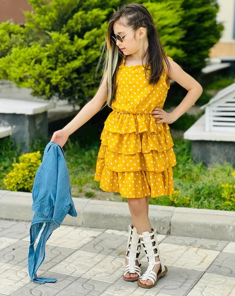 MODAVALS KIZ ÇOCUK KOT BOLEROLU PUANTİYE DETAYLI SARI ELBİSE 647892133 - 4