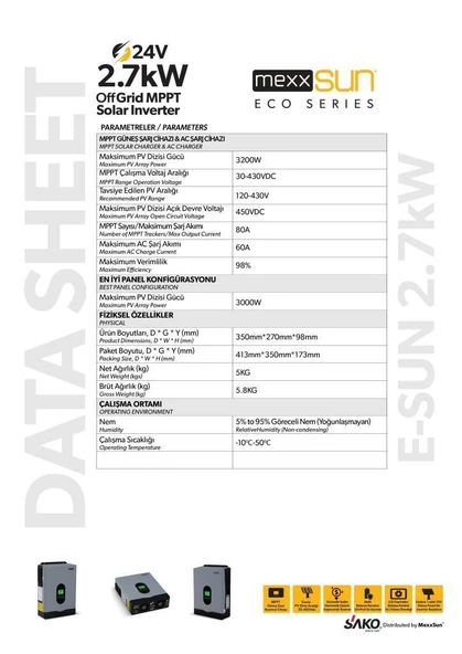 SAKO E-SUN 24 Volt 2.7 KW Tam Sinüs Mppt Akıllı İnverter 450 VDC - 8