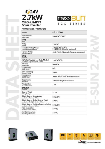 SAKO E-SUN 24 Volt 2.7 KW Tam Sinüs Mppt Akıllı İnverter 450 VDC - 7