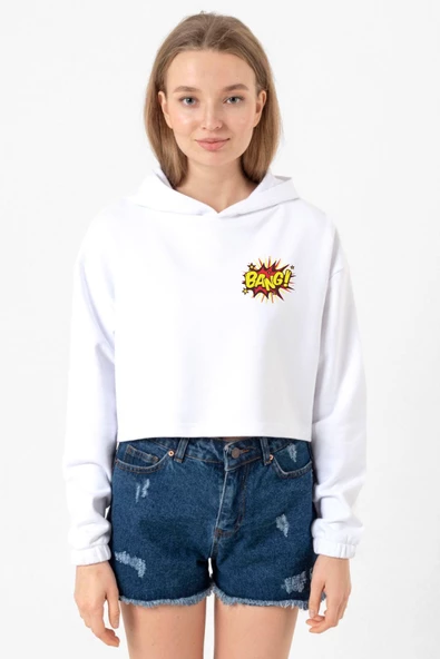 Big Bang Theory Bang Logo Beyaz Optik Kadın Crop Kapşonlu ürün görseli 1