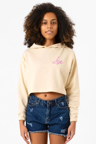 Blackpink Lisa Signature Bej Kadın Crop Kapşonlu