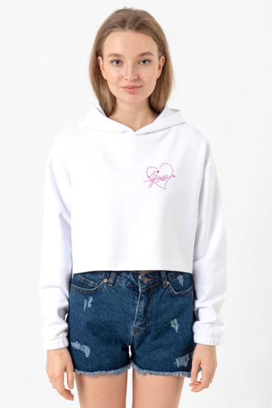 Blackpink Jisoo Signature Beyaz Optik Kadın Crop Kapşonlu ürün görseli