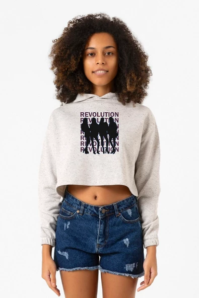Blackpink Revolution Beyaz Kırçıllı Kadın Crop Kapşonlu