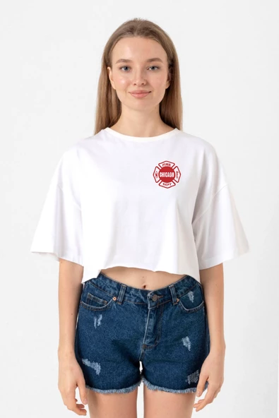 Chicago Fire Logo Beyaz Kadın Crop Tshirt ürün görseli 1