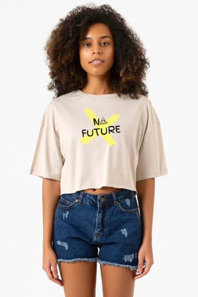Dark No Future Bej Kadın Crop Tshirt