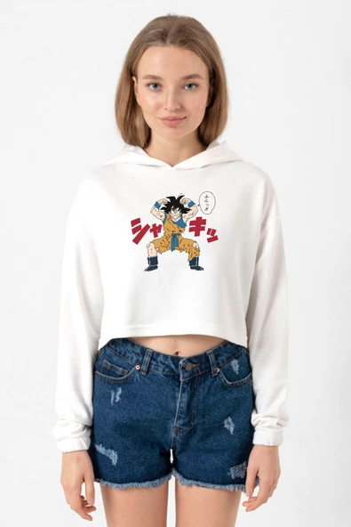 Dragon Ball Z Anime Angry Goku Ekru Kadın Crop Kapşonlu ürün görseli 1
