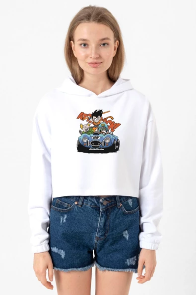 Dragon Ball Z Anime Goku Racer Beyaz Optik Kadın Crop Kapşonlu ürün görseli