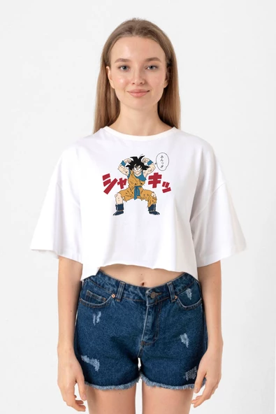 Dragon Ball Z Anime Angry Goku Beyaz Kadın Crop Tshirt - 1