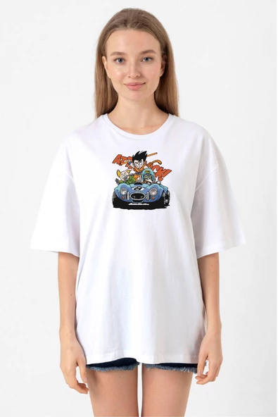 Dragon Ball Z Anime Goku Racer Beyaz Kadın Oversize Tshirt