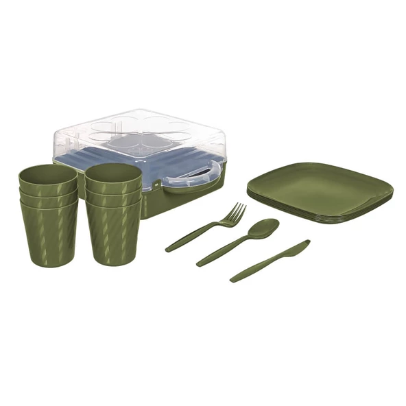 Piev Urve 6 Kişilik Kamp Seyahat Piknik Seti ve Çay Bardak Taşıma Aparatı Kabı 2 si 1 Arada Yeşil - 2