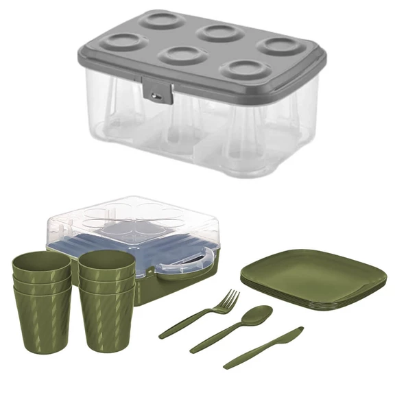 Piev Urve 6 Kişilik Kamp Seyahat Piknik Seti ve Çay Bardak Taşıma Aparatı Kabı 2 si 1 Arada Yeşil - 4