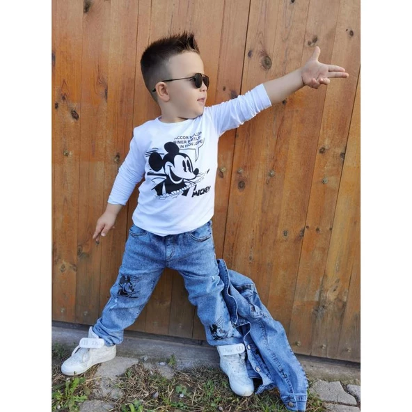 MODAVALS MICKEY BASKILI UZUN KOLLU ERKEK ÇOCUK KOT KOMBİN - 10