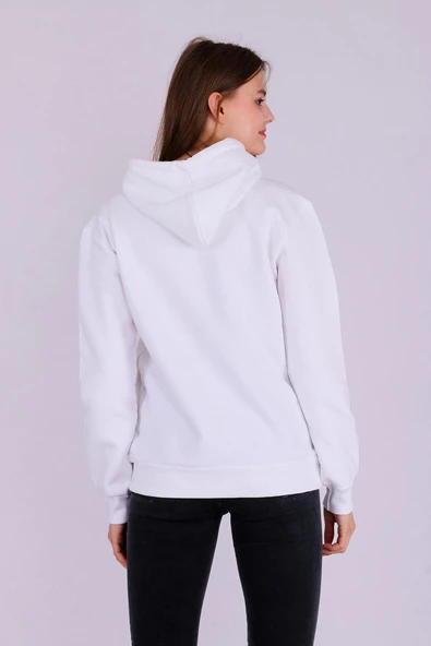 Beyaz Basic Oversize Kadın Kapüşonlu Hoodie 3 iplik Sweatshirt - 7