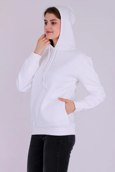 Beyaz Basic Oversize Kadın Kapüşonlu Hoodie 3 iplik Sweatshirt - 5