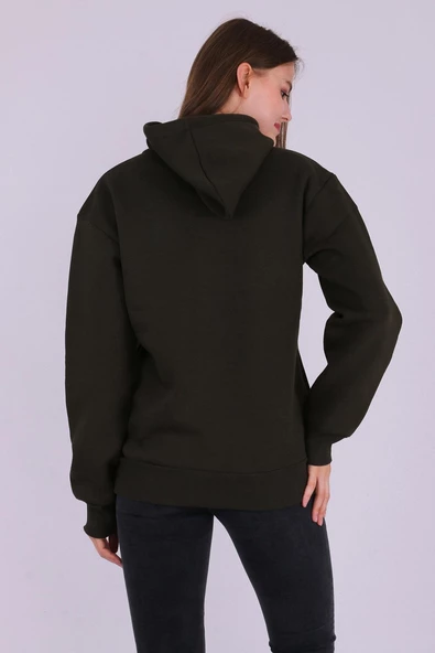 Haki Basic Oversize Kadın Kapüşonlu Hoodie 3 iplik Sweatshirt - Resim 7
