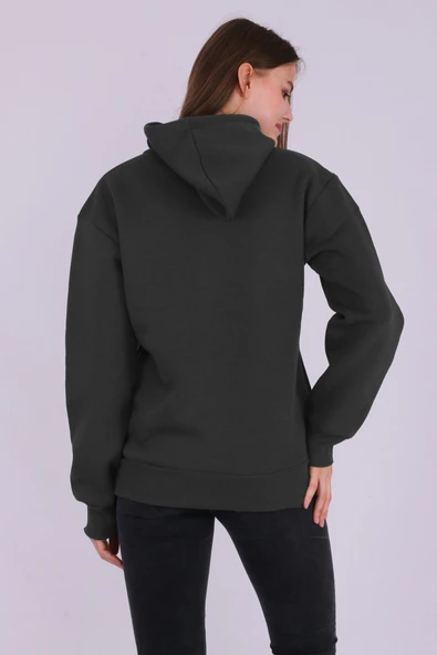 Füme Basic Oversize Kadın Kapüşonlu Hoodie 3 iplik Sweatshirt - Resim 2