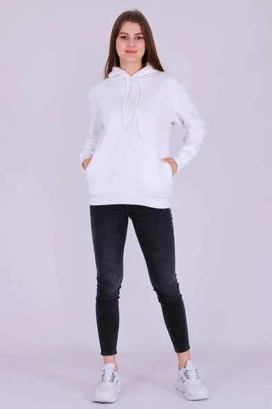 Beyaz Basic Oversize Kadın Kapüşonlu Hoodie 3 iplik Sweatshirt - 4