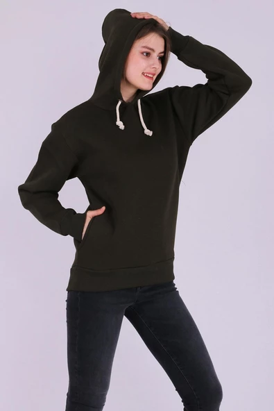 Haki Basic Oversize Kadın Kapüşonlu Hoodie 3 iplik Sweatshirt - Resim 6