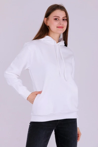 Beyaz Basic Oversize Kadın Kapüşonlu Hoodie 3 iplik Sweatshirt - 2