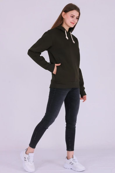 Haki Basic Oversize Kadın Kapüşonlu Hoodie 3 iplik Sweatshirt - Resim 2