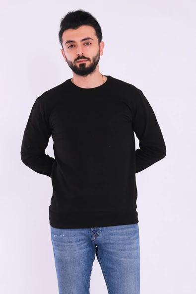 Siyah Basic Erkek 2 iplik Sweatshirt - 4