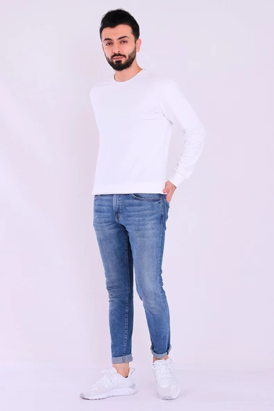 Beyaz Basic Erkek 2 iplik Sweatshirt - Resim 3