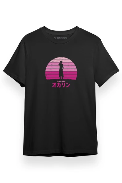 Steins Gate Okarin Pink Retro Siyah Kısa kol Erkek Tshirt