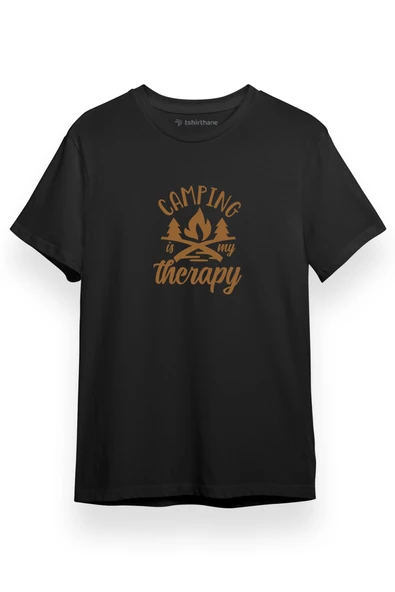 Camping Is My Therapy Siyah Kısa kol Erkek Tshirt