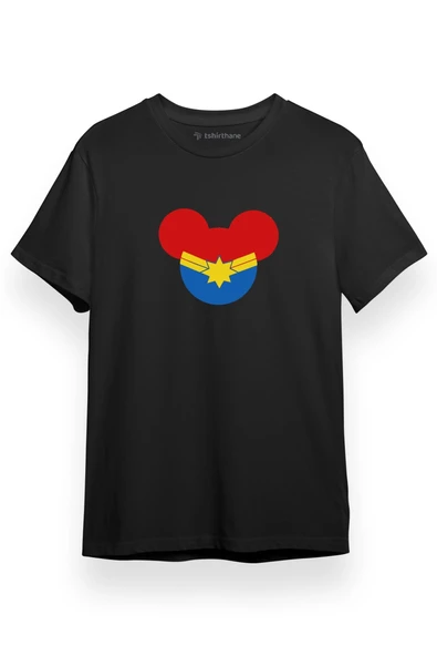 Captian Marvel Mouse Head Siyah Kısa kol Erkek Tshirt