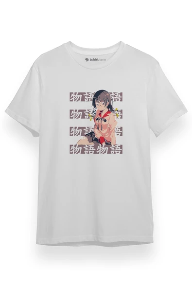 Monogatari Anime Tsubasa Hanekawa Lettern Poster Beyaz Kısa kol Erkek Tshirt