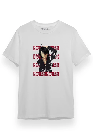 Monogatari Anime Koyomi Araragi Lettern Poster Beyaz Kısa kol Erkek Tshirt