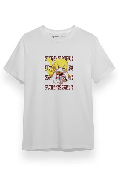 Monogatari Anime Shinobu Oshino Lettern Poster Beyaz Kısa kol Erkek Tshirt