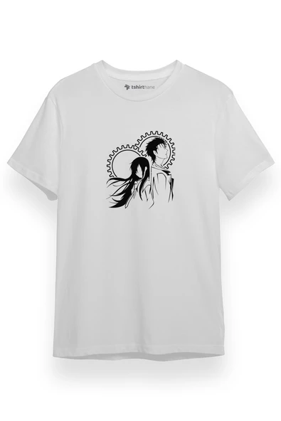 Steins Gate Okabe and Kurisu Beyaz Kısa kol Erkek Tshirt