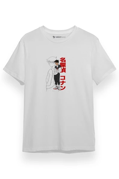 Detective Conan Anime Shinichi Kudo Beyaz Kısa kol Erkek Tshirt