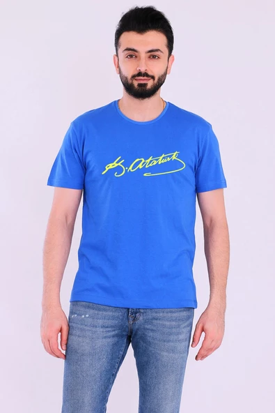 Sarı Lacivert Atatürk imza Kısakol Erkek Slim Fit Tshirt